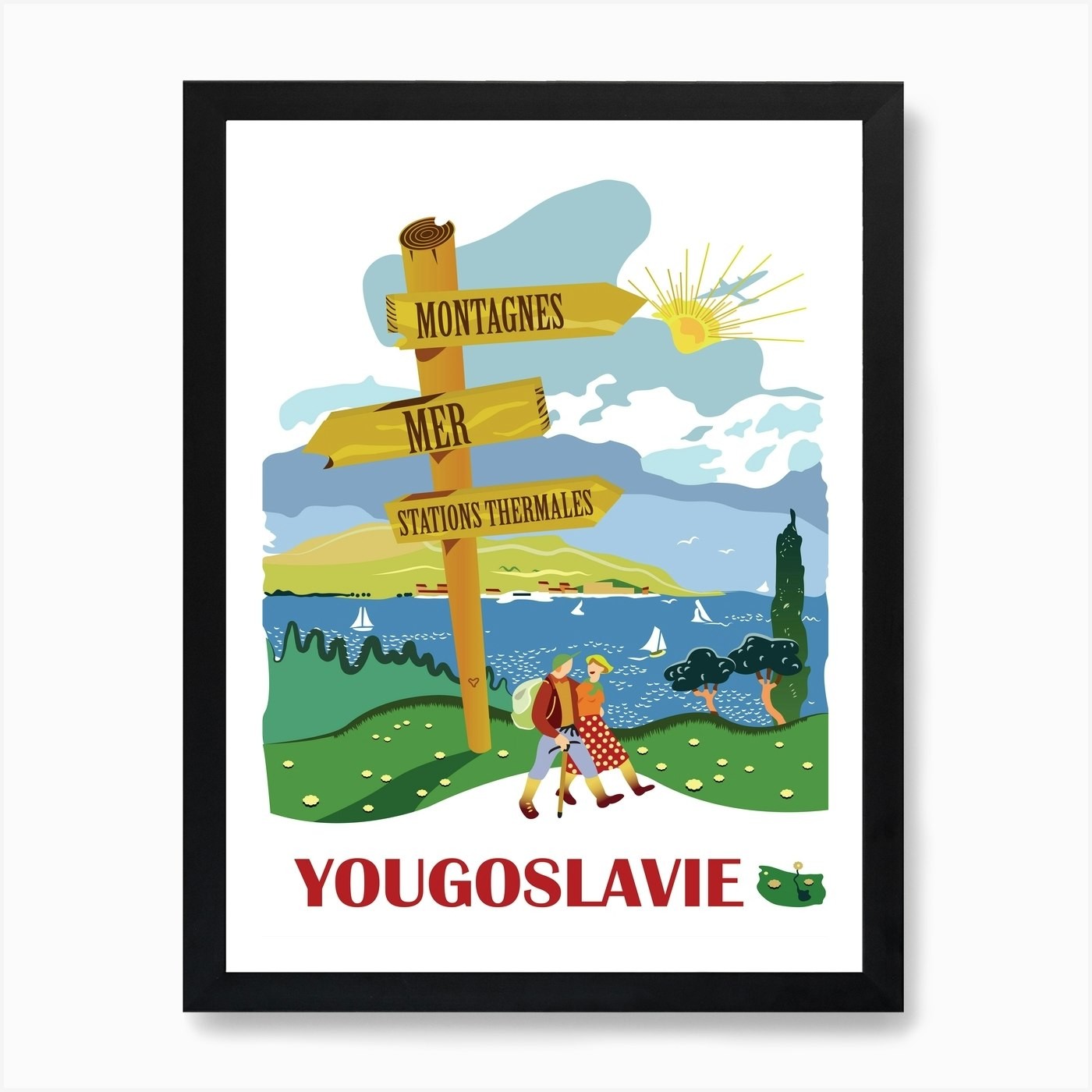 Yugoslavia, Hiking Couple Passing t Framed Wall Art Poster Canvas Print Picture