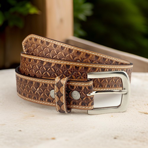 Men's Belt Embossed Genuine Full Grain Leather Strap For Removal Buckle Handmade - Picture 6 of 11