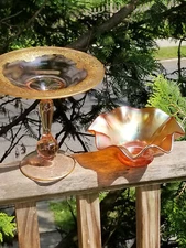 2 ANTIQUE DEPRESSION GLASS RUFFLED BOWL 6.5" X 3.25" & COMPOTE 8" X 8"