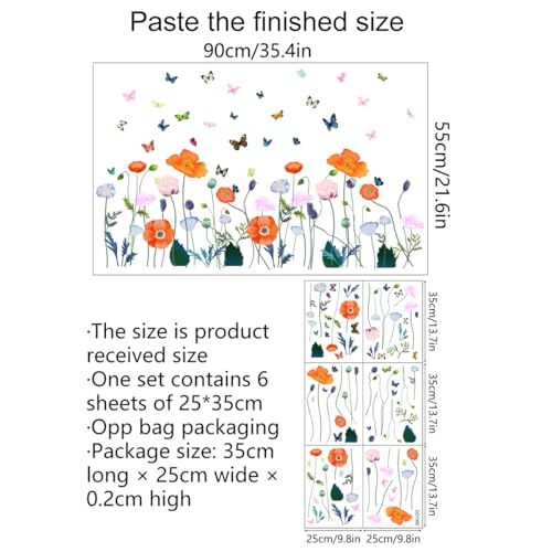 6 Pieces Flowers Wall Decals Vinyl Flowers Wall Stickers Removable Orange - Picture 2 of 7