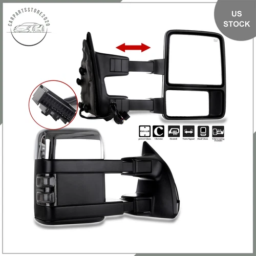 Chrome Towing Mirrors For 08-16 F250 F450 F350 Power Heated Turn Signal Pair Set