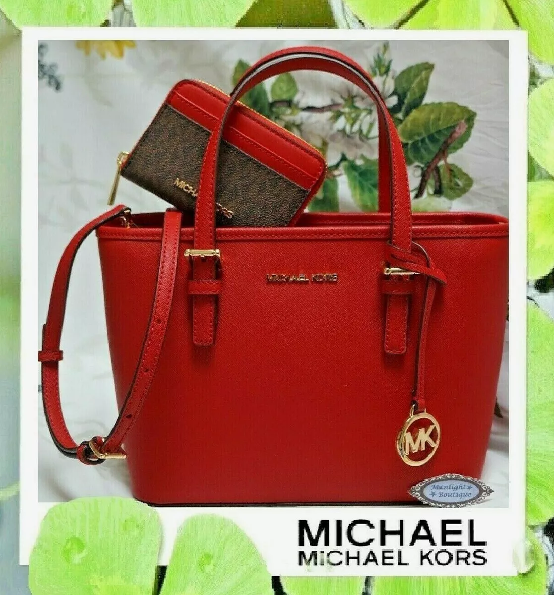 MICHAEL KORS JET SET TRAVEL LARGE TOP ZIP SHOULDER TOTE LEATHER BAG RED  FLAME