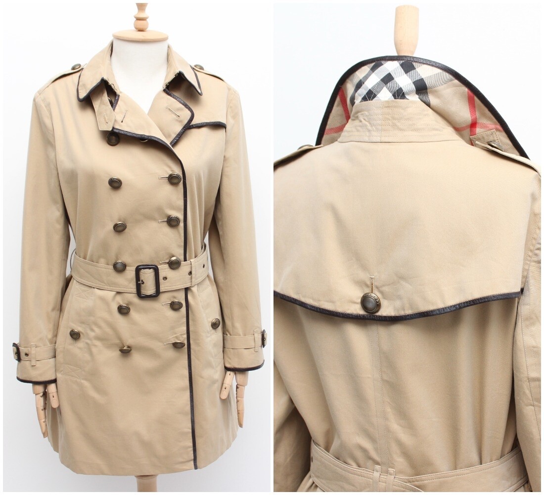 Women's BURBERRY London Cotton Trench Coat Leather Trim US12 M/L made in  ENGLAND
