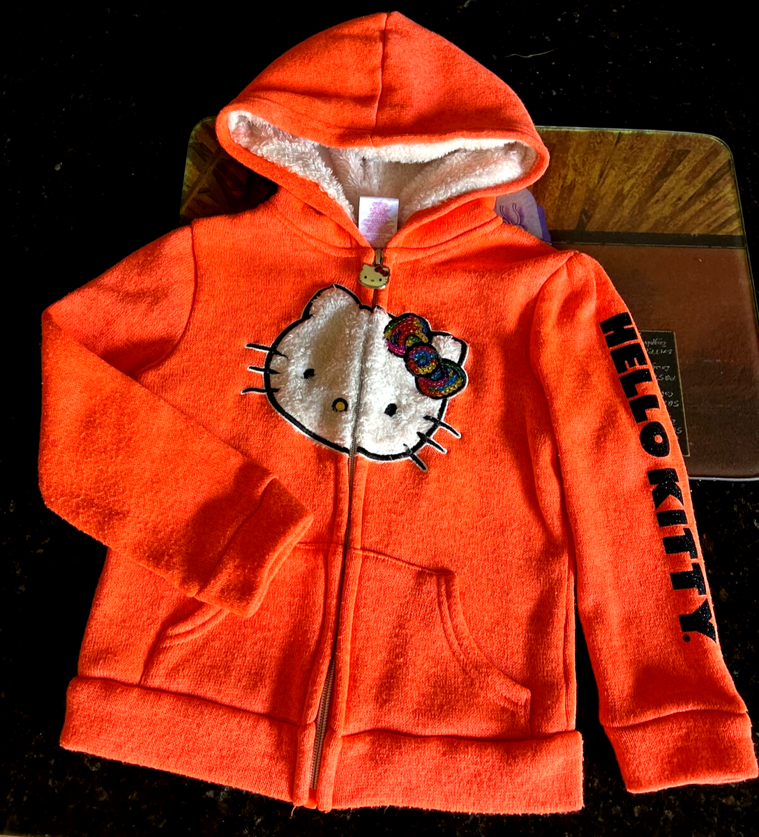 Hello Kitty by Sanrio Hooded Orange Hoodie Faux Fur Lined Glitter
