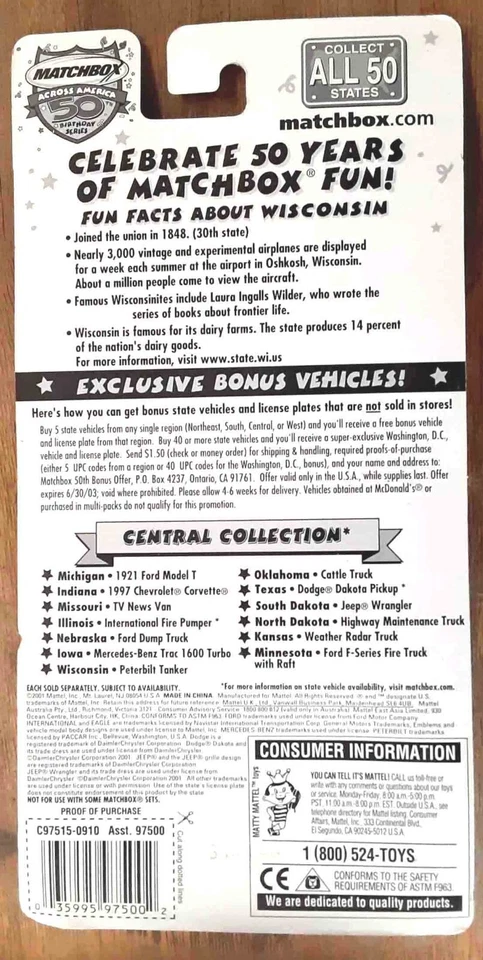 Matchbox Across America 50th Birthday Series - Wisconsin Peterbilt Tanker - Image 2 of 2