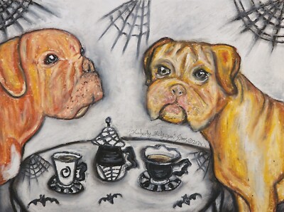 DOGUE DE BORDEAUX Gothic Tea Original 9x12 Pastel Painting Dog Art Signed Artist