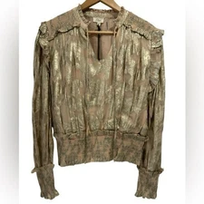 Elan Gold Metallic Smocked Waist Ruffle Sleeve V Neck Tie Blouse Top - M
