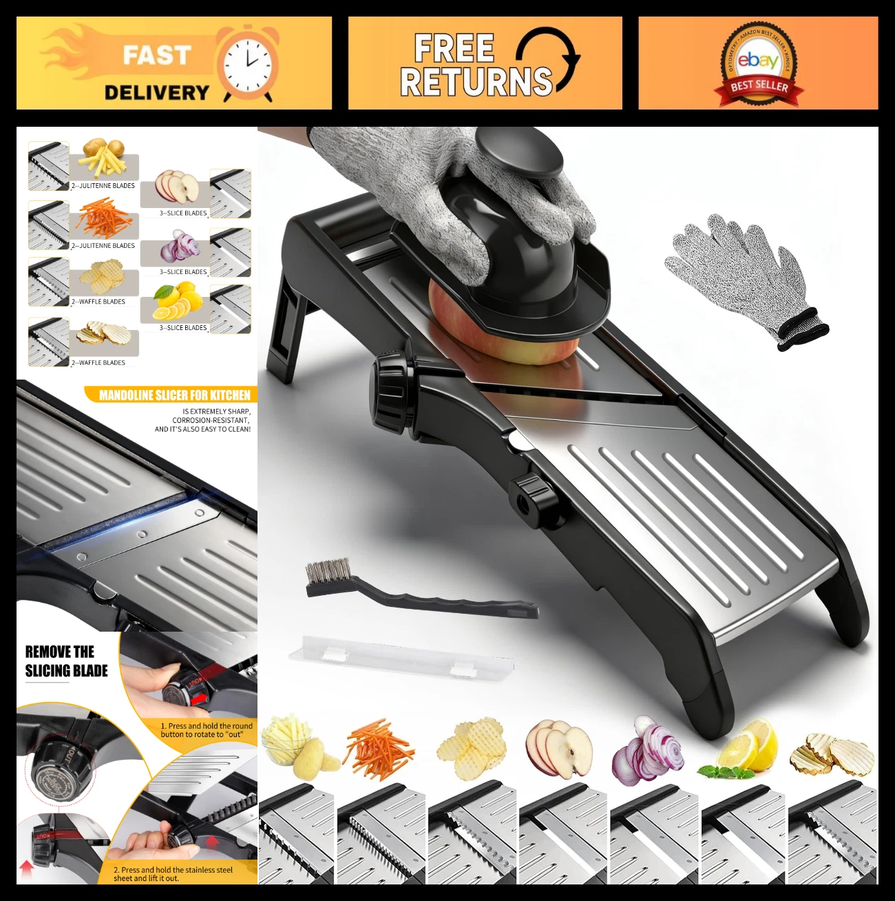 Adjustable Stainless Steel Mandoline Slicer - 7-in-1 Vegetable & Potato Cutter,