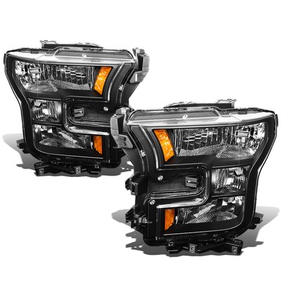 Replacement Headlights For 2015-2017 Ford F150 – Black Housing Amber Corner Halogen Headlamps, Driver & Passenger Set