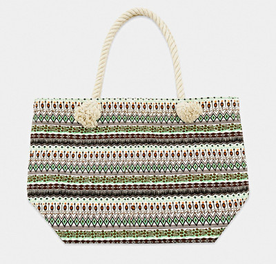 Damen Tragetasche Canvas mehrfarbig geometrisch Seilgriffe Innentasche