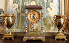 ANTIQUE FRENCH CHAMPLEVE MANTEL CLOCK & GARNITURES, FOUR GLASS CRYSTAL REGULATOR