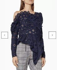 NWT Self-Portrait Navy Asymmetric Floral Broderie Frill Top Size 2 MSRP $415