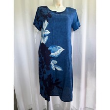 National Blue Tropical Floral Hawaiian Dress Petite Large  Midi Shift Dress