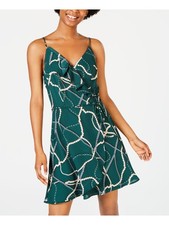 TEEZE ME Womens Faux Wrap Short Dress Green Spaghetti Strap Juniors 34