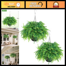 2 Set Faux Boston Ferns in Hanging Baskets - UV Resistant Outdoor Decor for Porc