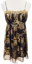 VTG Y2K 90s Cache BLK Gold Silk Babydoll Cocktail Dress Beaded WhimsyGoth XS-2