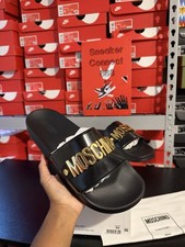 MOSCHINO Men's Black/Gold Logo Slide Sandals Slip-On EU 44 MB28032G1EG11000