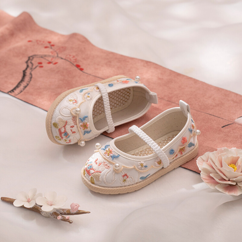 Chinese Kids Girl Hanfu Shoes Beaded Embroidery Floral Ethnic