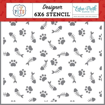 Crafts 6X6'' Plastic Stencil EP Pets Feline Cat Paws Fish Bones Repeats