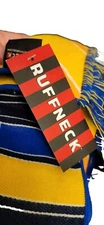 Ruffneck Michigan Knit Thick Winter Scarf with Fringe 5'4"Lx 8"w Blues Golds Tag