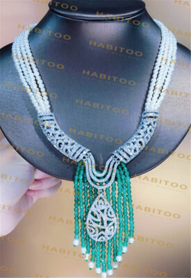  4 Strands White Pearl Freshwater Statement Necklace CZ Pave Green Jade Pendant 