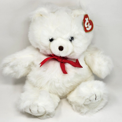 VINTAGE TY 1994 WHITE SUGAR TEDDY BEAR RED BOW STUFFED ANIMAL