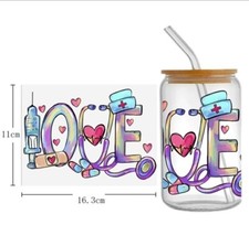 Nurse Love Stethoscope 1 Piece UV DTF Cup Wrap transfer Stickers for Glass