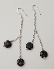 Vintage FAS Millefiori Flat Beads Sterling Silver Dangle Hook Earrings