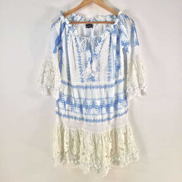 Samsaara dress womens Medium white blue shift mini short sleeve cotton 104370