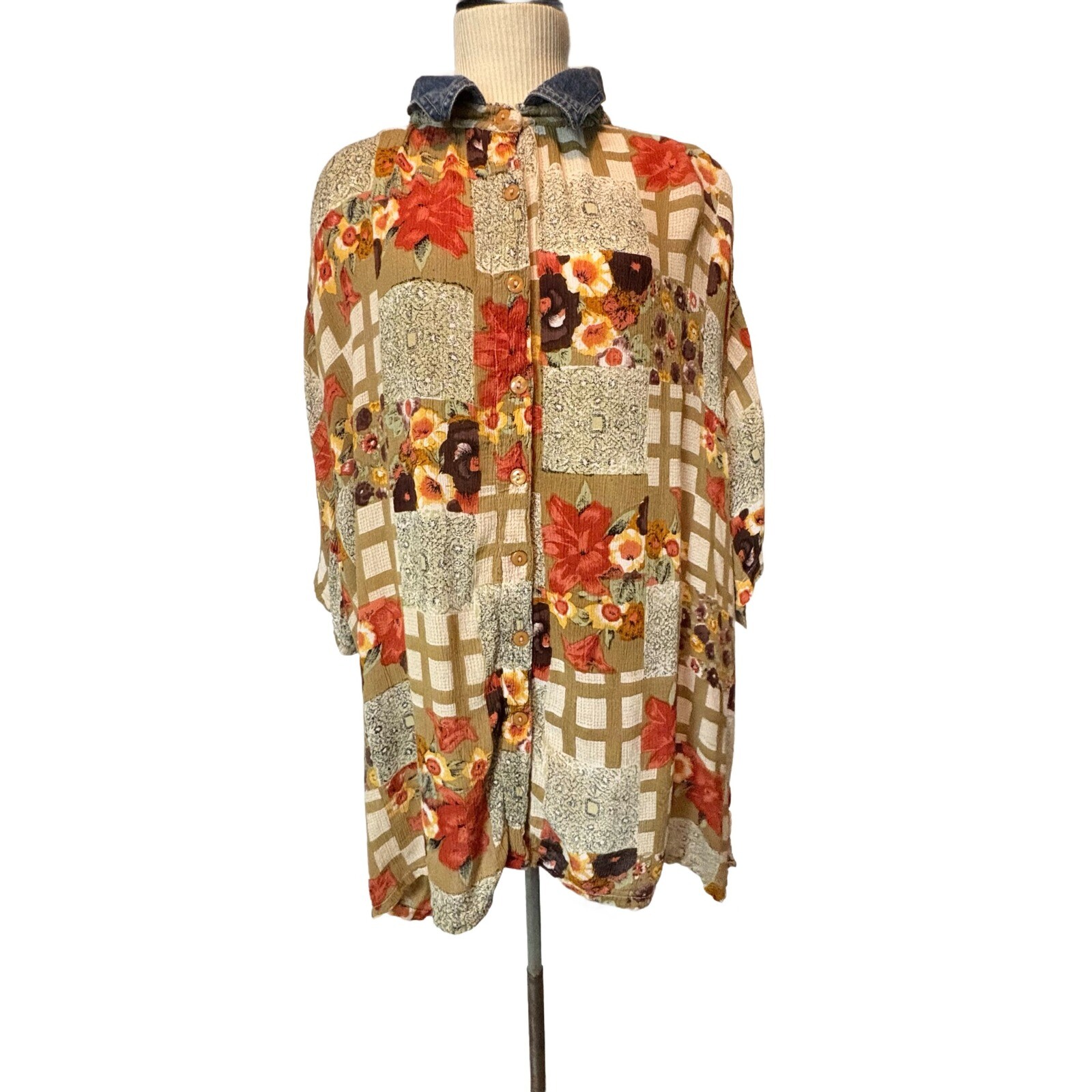 Speed Limit Floral Patchwork Button Down Denim Co… - image 1