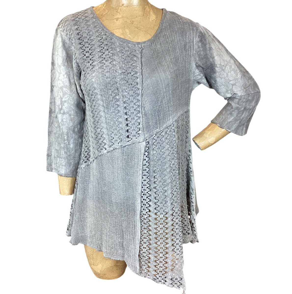 Fashion Fuse Mixed Media Asymmetric Tunic Top Sz L Gray 312i