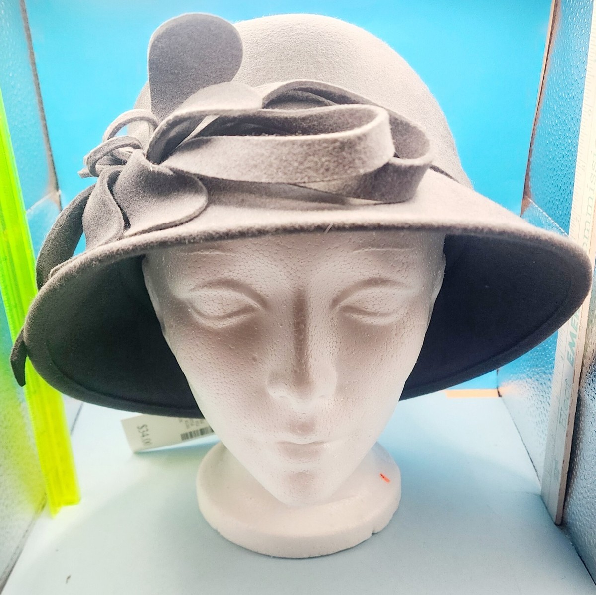 Grey Wool Felt Fedora with Floral Accent Stay Wild Stone Grey Wide Brim Fedora Hat – Echo Nation Studio main image 4