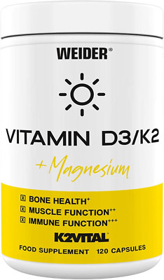 WEIDER Vitamin D3/K2 Kapseln Hochdosiert + Magnesium, Hochwertiges K2, 120 Stück