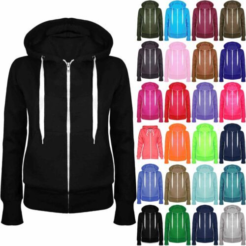 Womens Plain Zip Up Hoodie Sweatshirt Fleece Ladies Jacket Hooded Top
