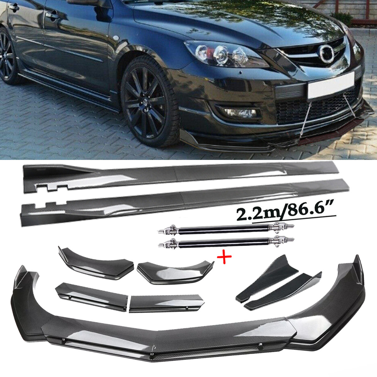 For Mazda 3 Hatchback Carbon Fiber Front Bumper Lip Spoiler Side Skirt Body Kit