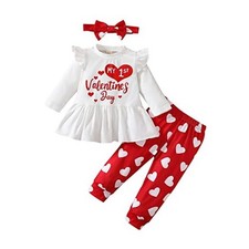 My 1st Valentines Day Baby Girl Outfits Ruffle Heart Print 0-3 Months White