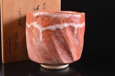 K9343: Japanese Raku-ware Red glaze Cylindrical TEA BOWL, auto w/signed box