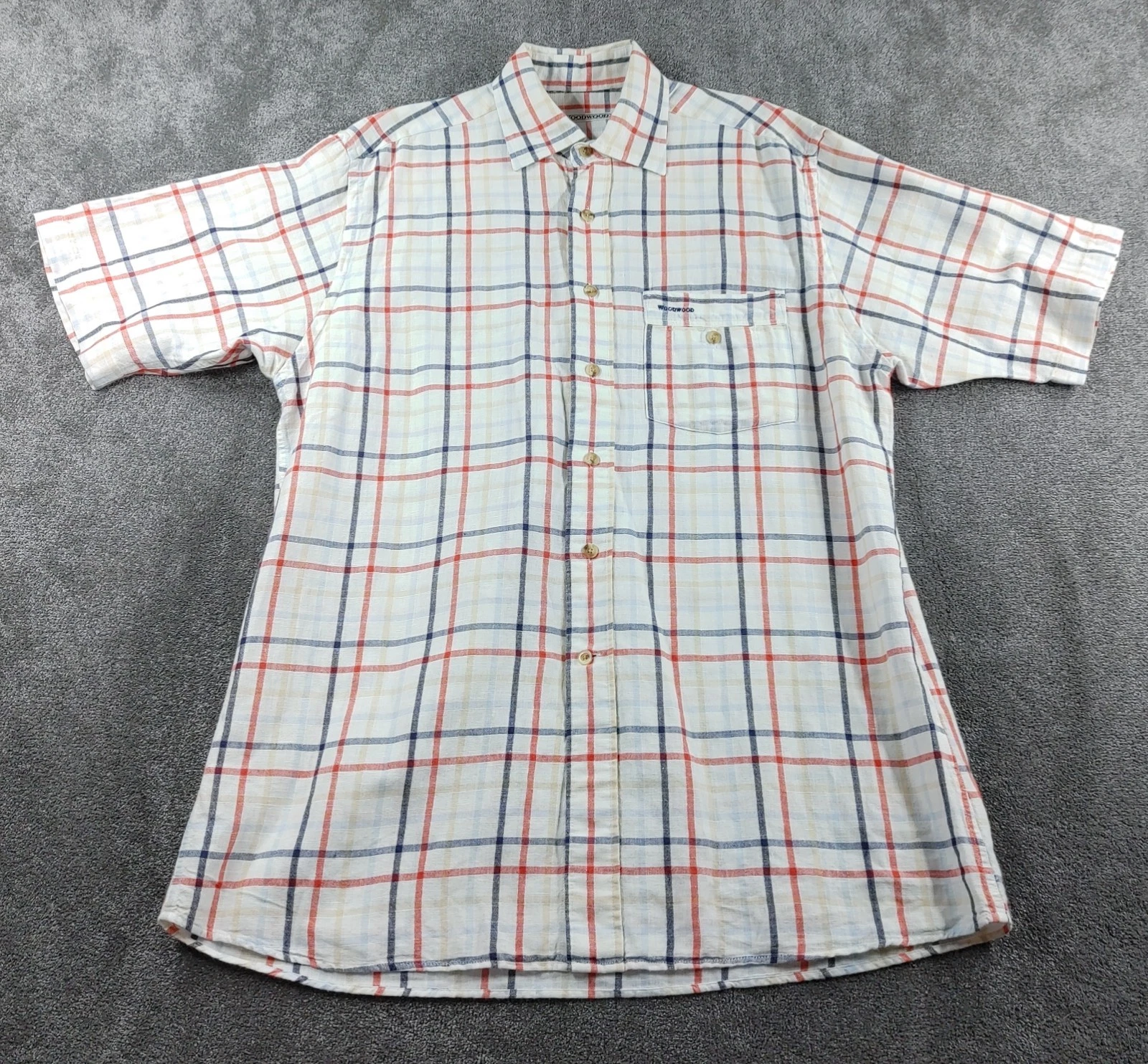 Woodwood Shirt Mens XL *Measured White Plaid Linen Blend Short Sleeve Casual