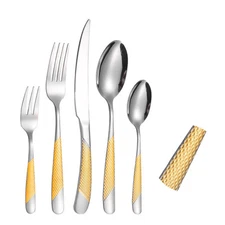 A·HOUSEWARE Hammered Silverware Gold and Silver Flatware Stainless Steel Cutl...