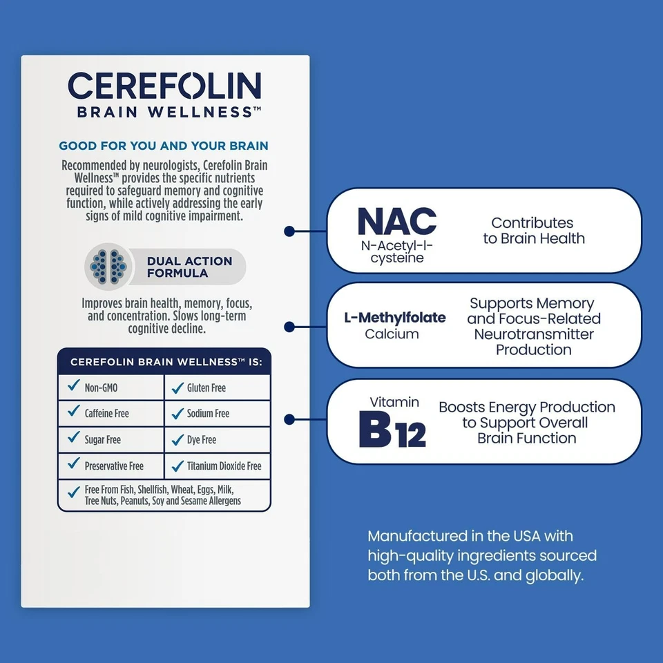 Cerefolina Brain Wellness Apoyo Cognitivo - Memoria, Enfoque - 30 Comprimidos Foto 3 de 4