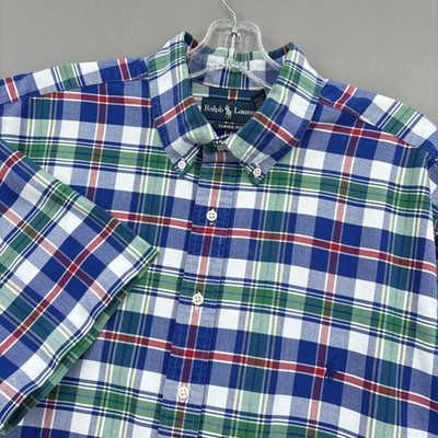 Ralph Lauren Shirt Mens XLT Blue Green Plaid Button Down Short Sleeve Tartan Big