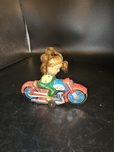 Vintage Old Rare Friction Power Haji Trade Mark Ride A Bike Tin Toy Japan - 第 1/7 張圖片