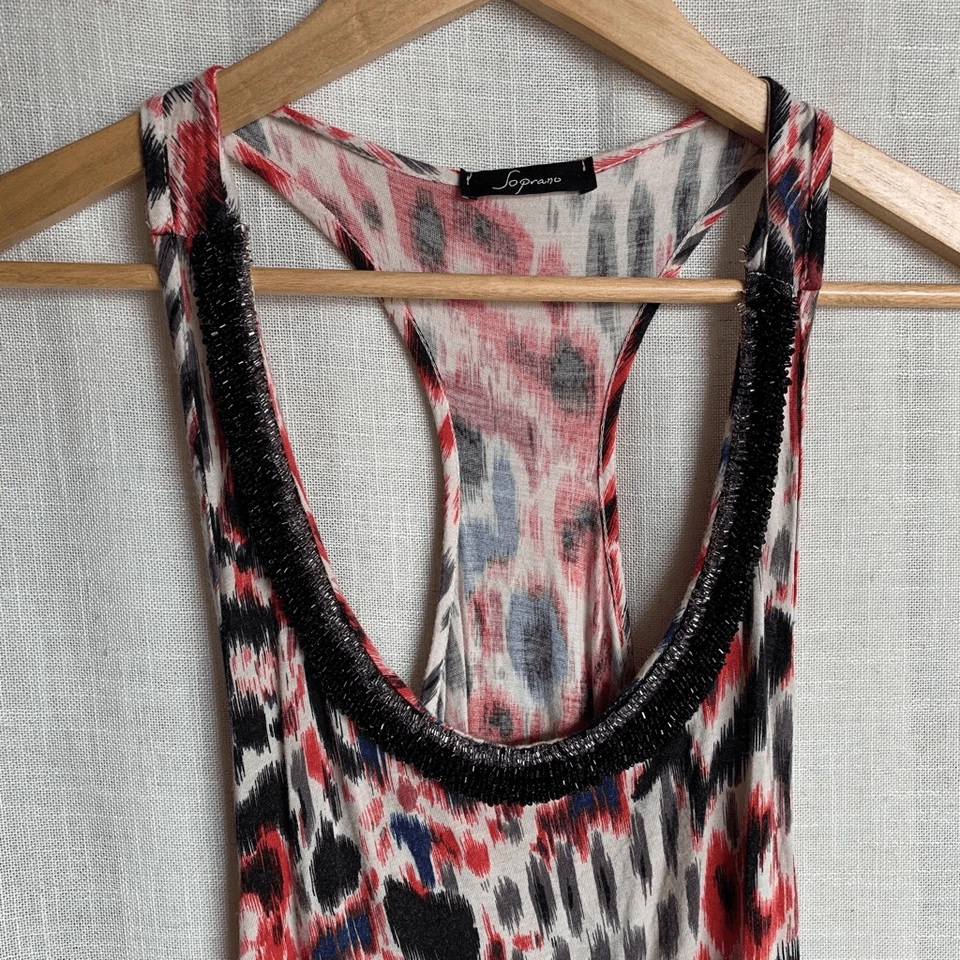 Camiseta sin mangas Coachella con estampado animal espalda cruzada para mujer M soprano con cuentas Y2K Festival Foto 2 de 4