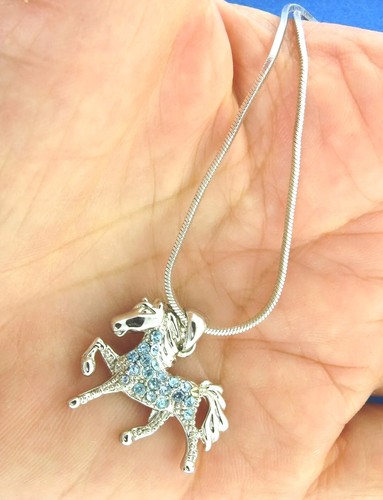 Blue Rhinestone Crystal Horse Pendant Necklace Silver Signed Mirina