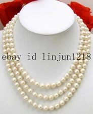 7-8mm 8-9MM Natural White Round Freshwater Pearl Necklace Women Chokers 3Strands