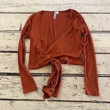 Alya Ribbed Wrap Crop Top Womens Medium Orange Long Sleeve USA Made