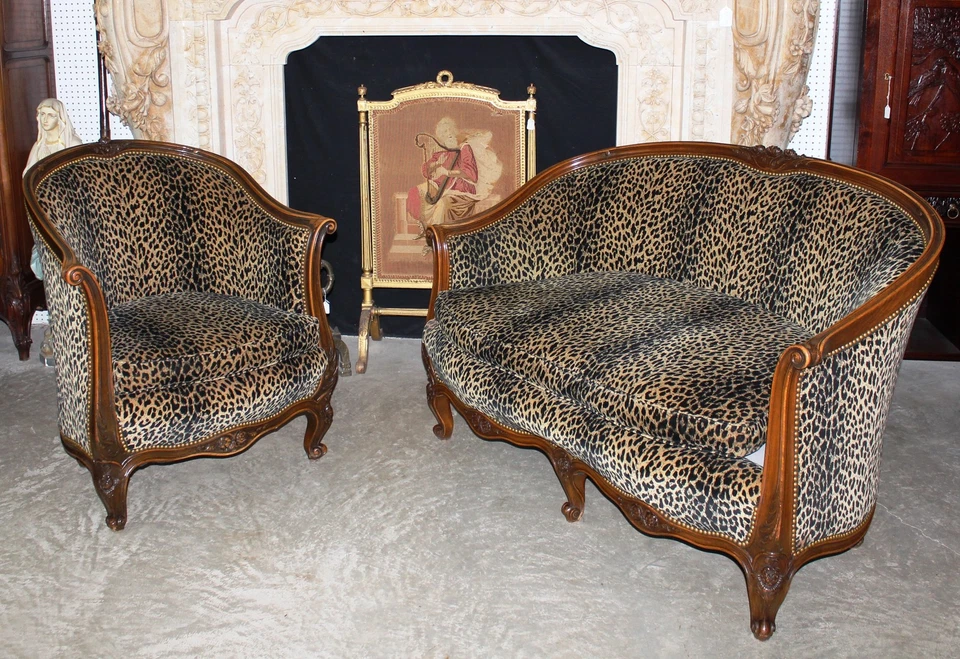 Sofá y sillón antiguo francés de campo Luis XV salón de nogal canapé alrededor de 1850 Foto 3 de 4