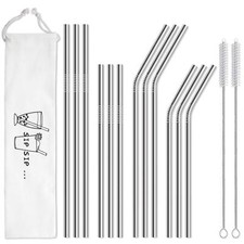Set of 12 Metal Drinking Straws for Tumbler Cocktail with Cleaning Brushes