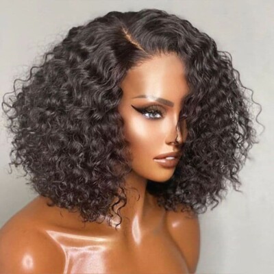 Damen Echthaar Perücken Kleberlos Lace Front Lockig Kurz Perücke UK
