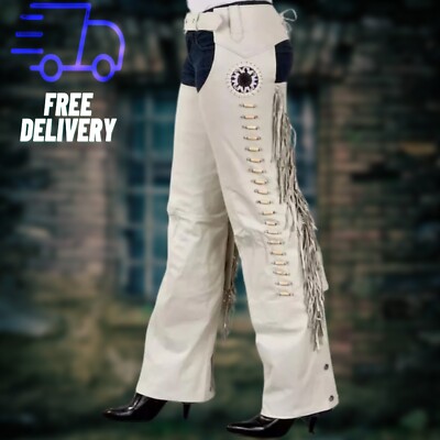 Echt Leder Indianer Western Chaps mit Fransen, Knochen & Indianerperlen